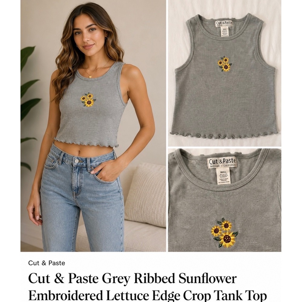 Cut & Paste Grey Ribbed Sunflower Embroidered Lettuce Edge Crop Tank Top Small